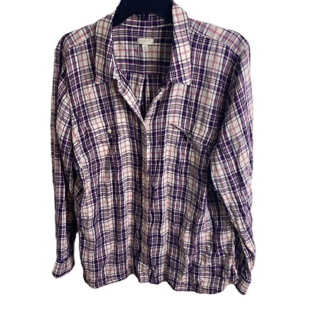 Talbots Purple Plaid Button Down Shirt Medium White Pink Women’s